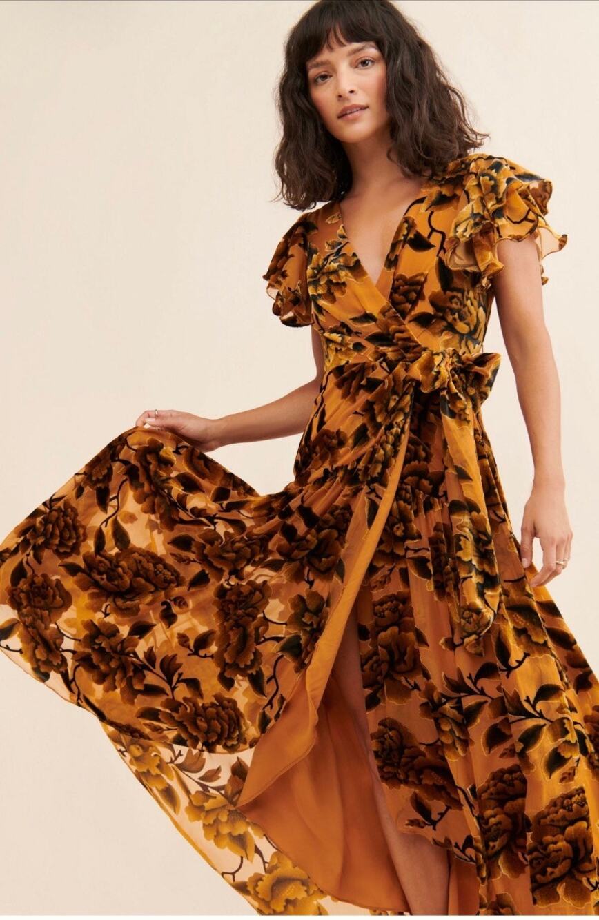 Hutch Zola Velvet Maxi Dress Gold Floral Burnout Wrap Romantic Anthropologie - Picture 1 of 14